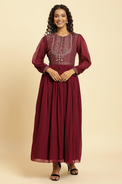 Wine Heavy Embroidered Festive Dress - wforwoman