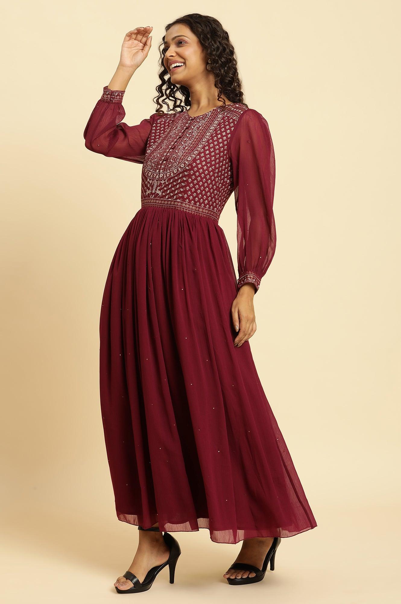 Wine Heavy Embroidered Festive Dress - wforwoman