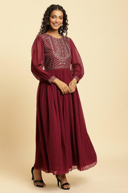 Wine Heavy Embroidered Festive Dress - wforwoman