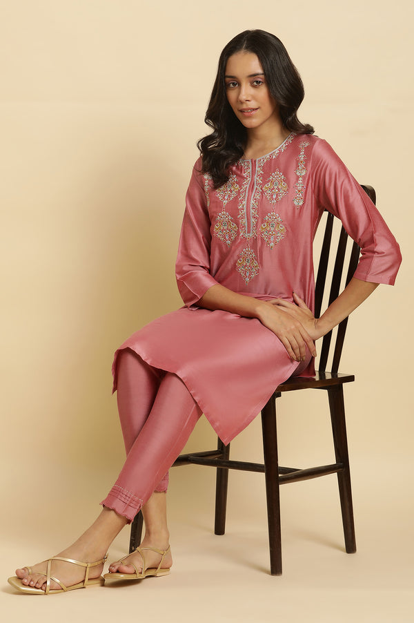 Pink Embroidered Thread Work Straight Kurta