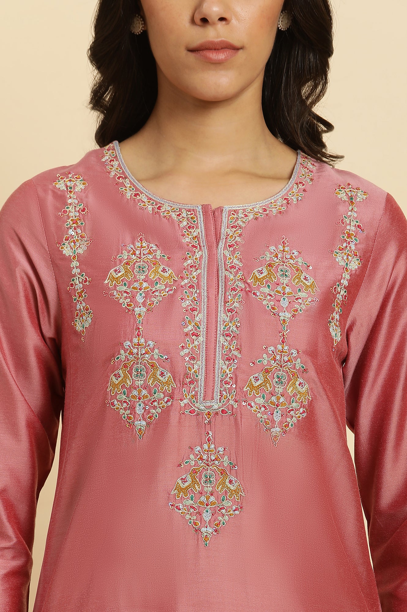 Pink Embroidered Thread Work Straight Kurta