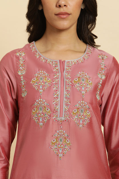 Pink Embroidered Thread Work Straight Kurta