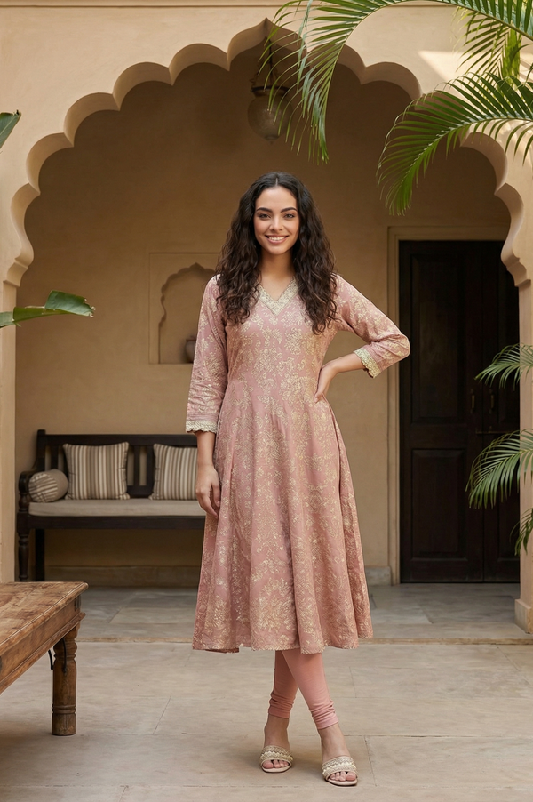 Pink Floral Foil Printed Flared Kurta