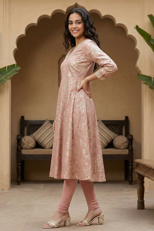 Pink Floral Foil Printed Flared Kurta