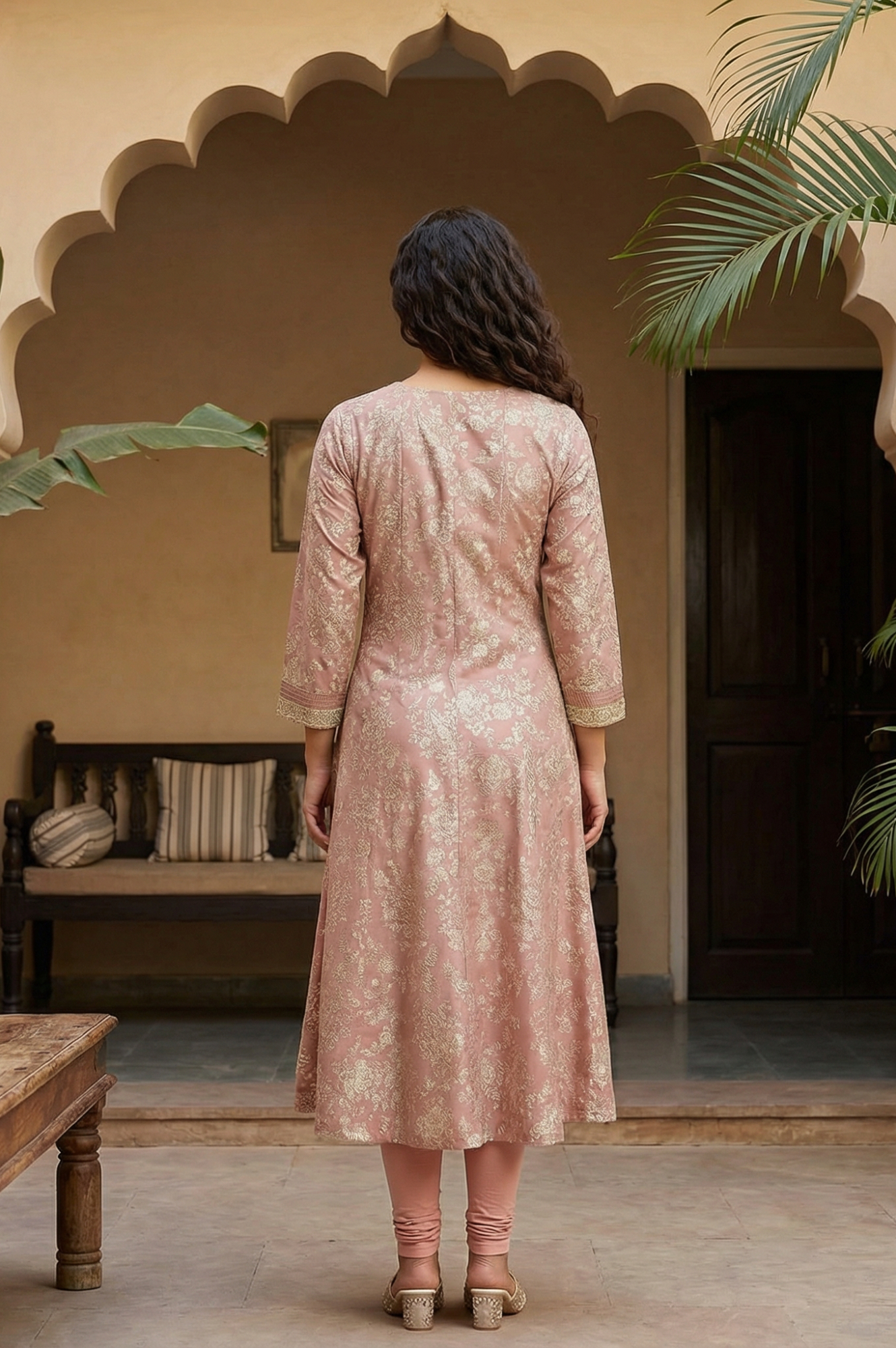 Pink Floral Foil Printed Flared Kurta