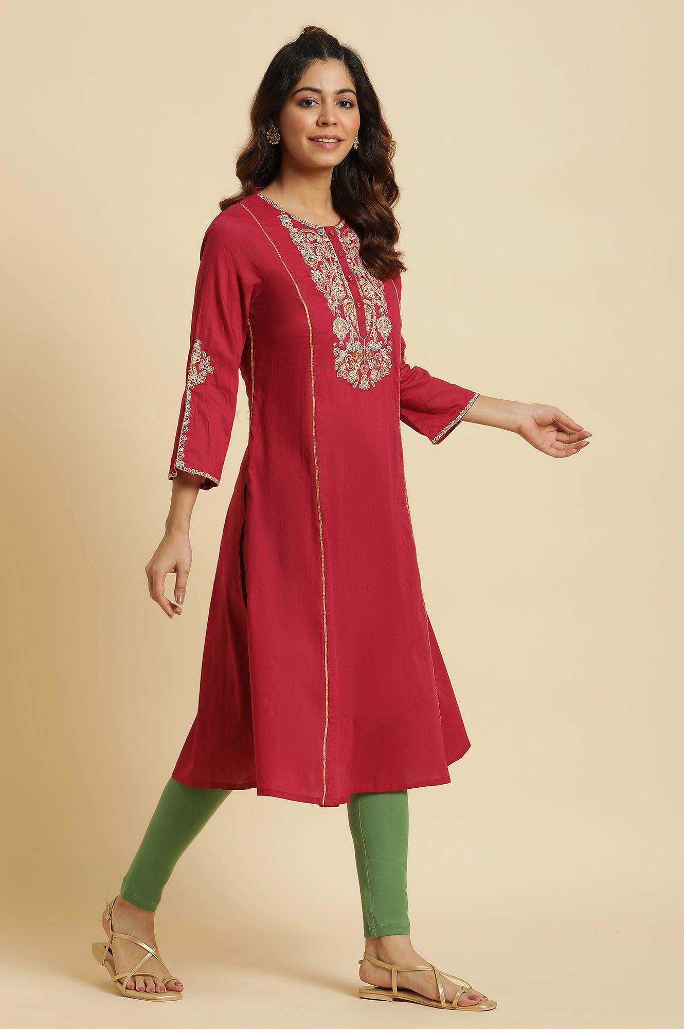 Maroon Embroidered Festive Kurta - wforwoman