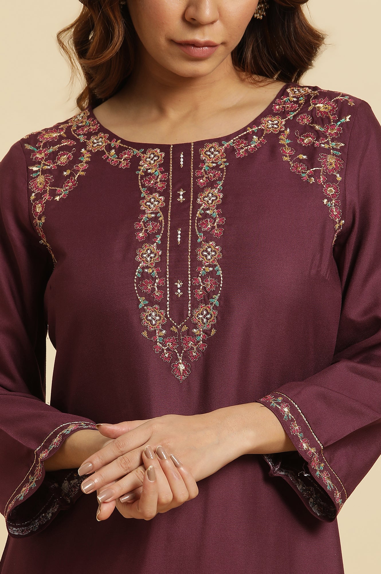 Purple Solid Zari Rayon Straight Kurta and Parallel Pant Set