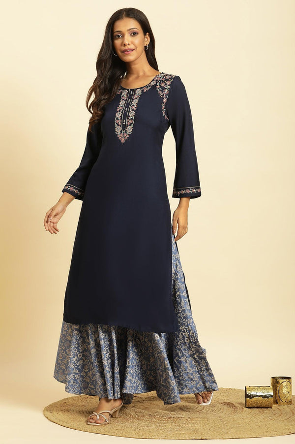 Blue Chunky Thread Embroidered Straight Festive Kurta
