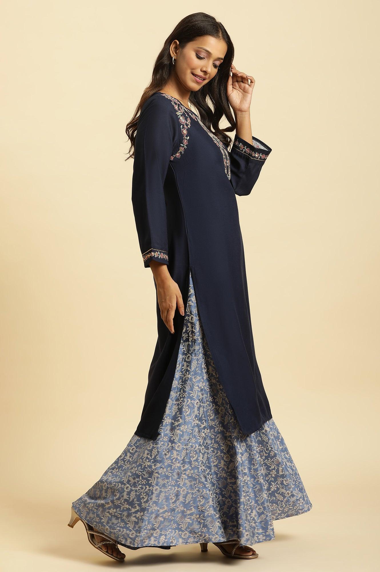 Blue Chunky Thread Embroidered Festive Kurta - wforwoman