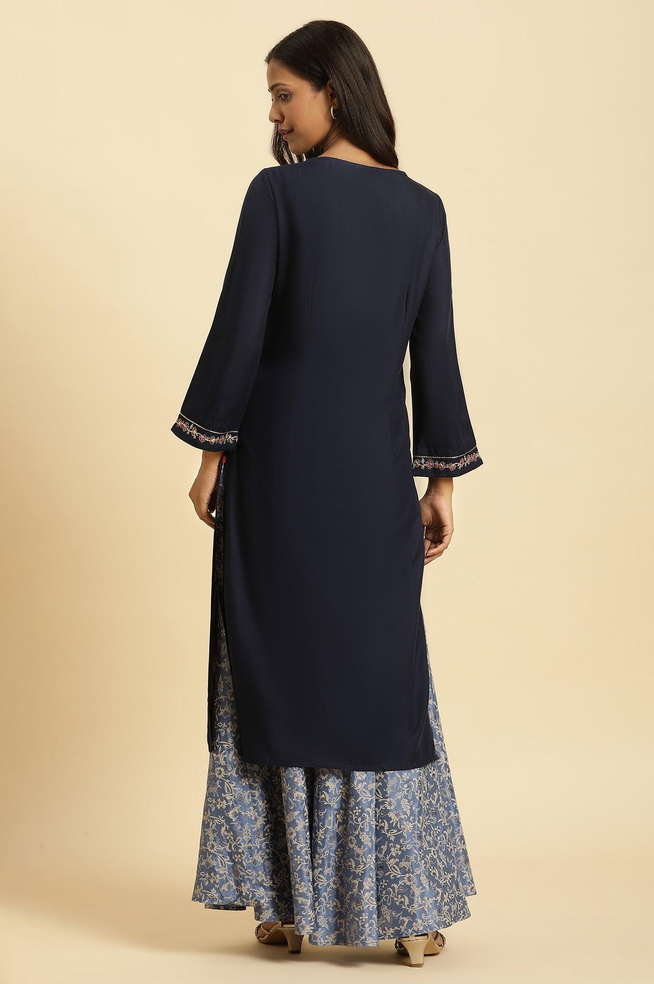 Blue Chunky Thread Embroidered Festive Kurta - wforwoman