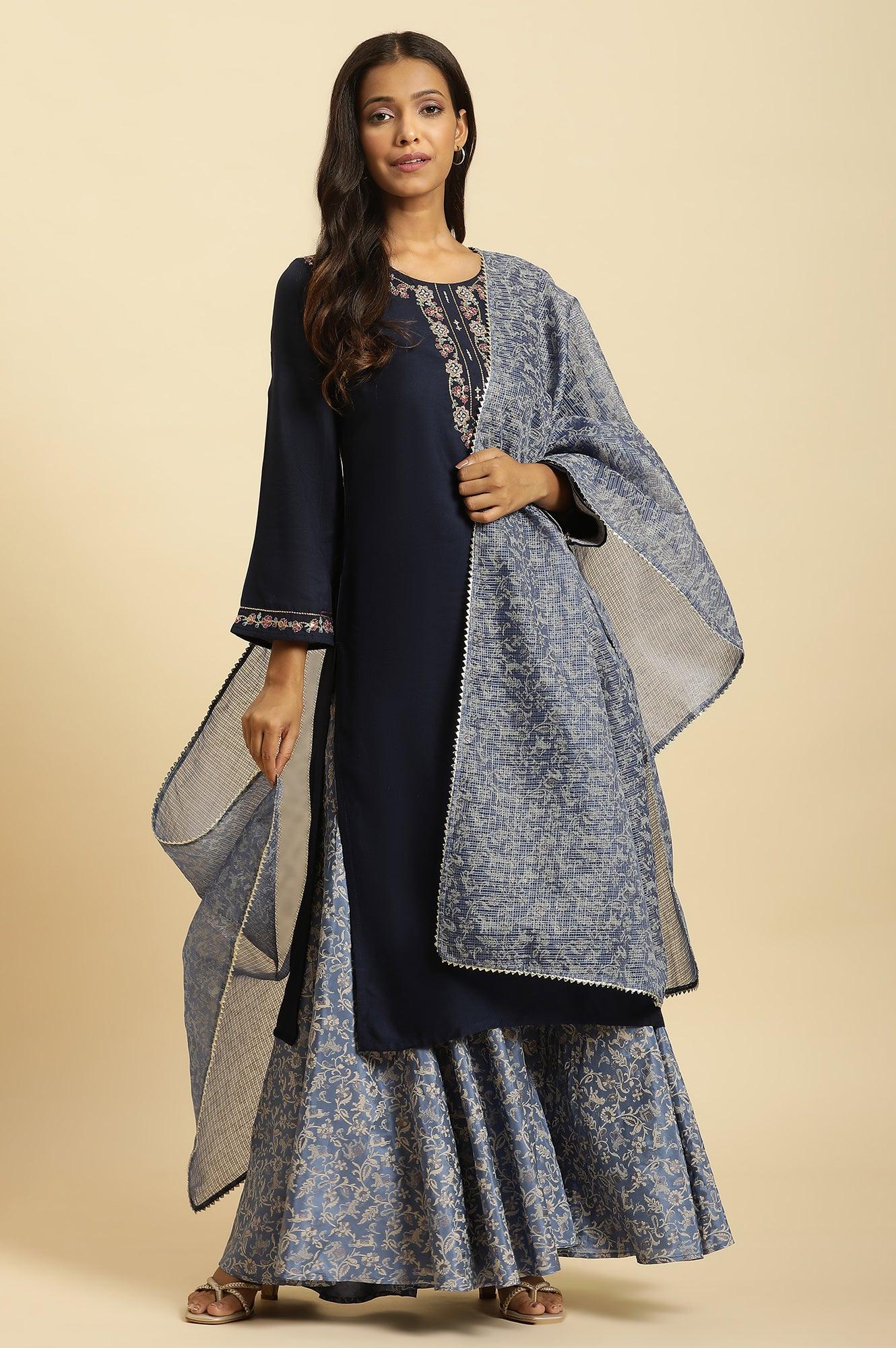 Blue Chunky Thread Embroidered Festive Kurta - wforwoman