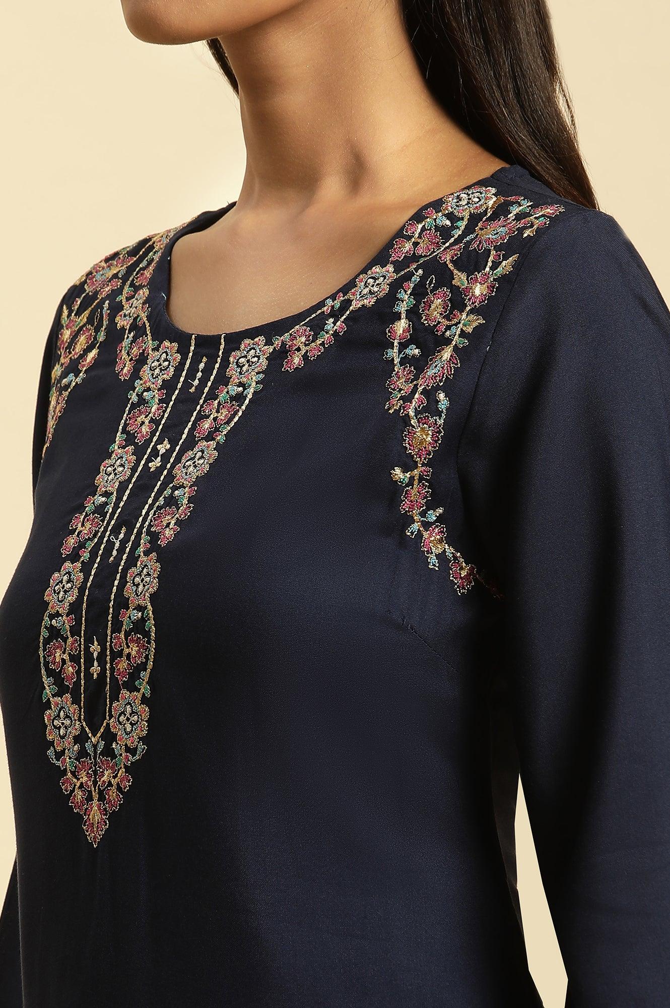 Blue Chunky Thread Embroidered Festive Kurta - wforwoman