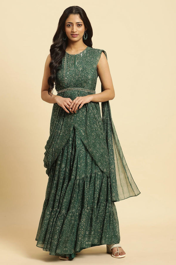 Green Foil‑Printed Chiffon Sharara Saree Dress with Belt