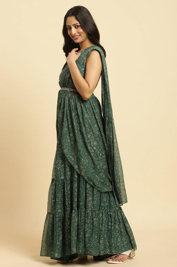 Green Foil‑Printed Chiffon Sharara Saree Dress with Belt