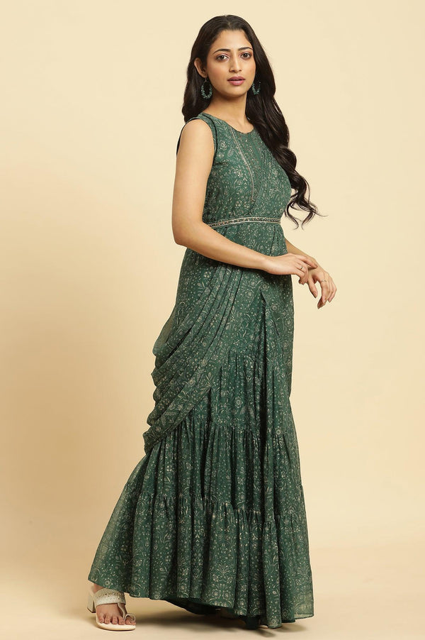 Green Foil‑Printed Chiffon Sharara Saree Dress with Belt