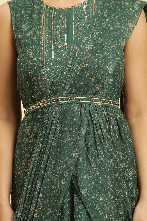 Green Foil‑Printed Chiffon Sharara Saree Dress with Belt