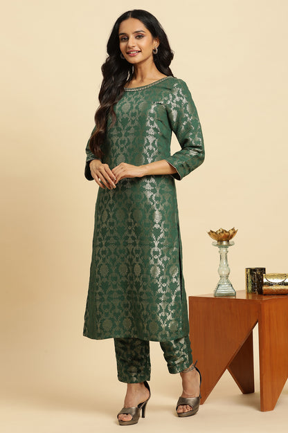 Green Floral Jacquard Metallic Embroidery Straight Rayon Kurta