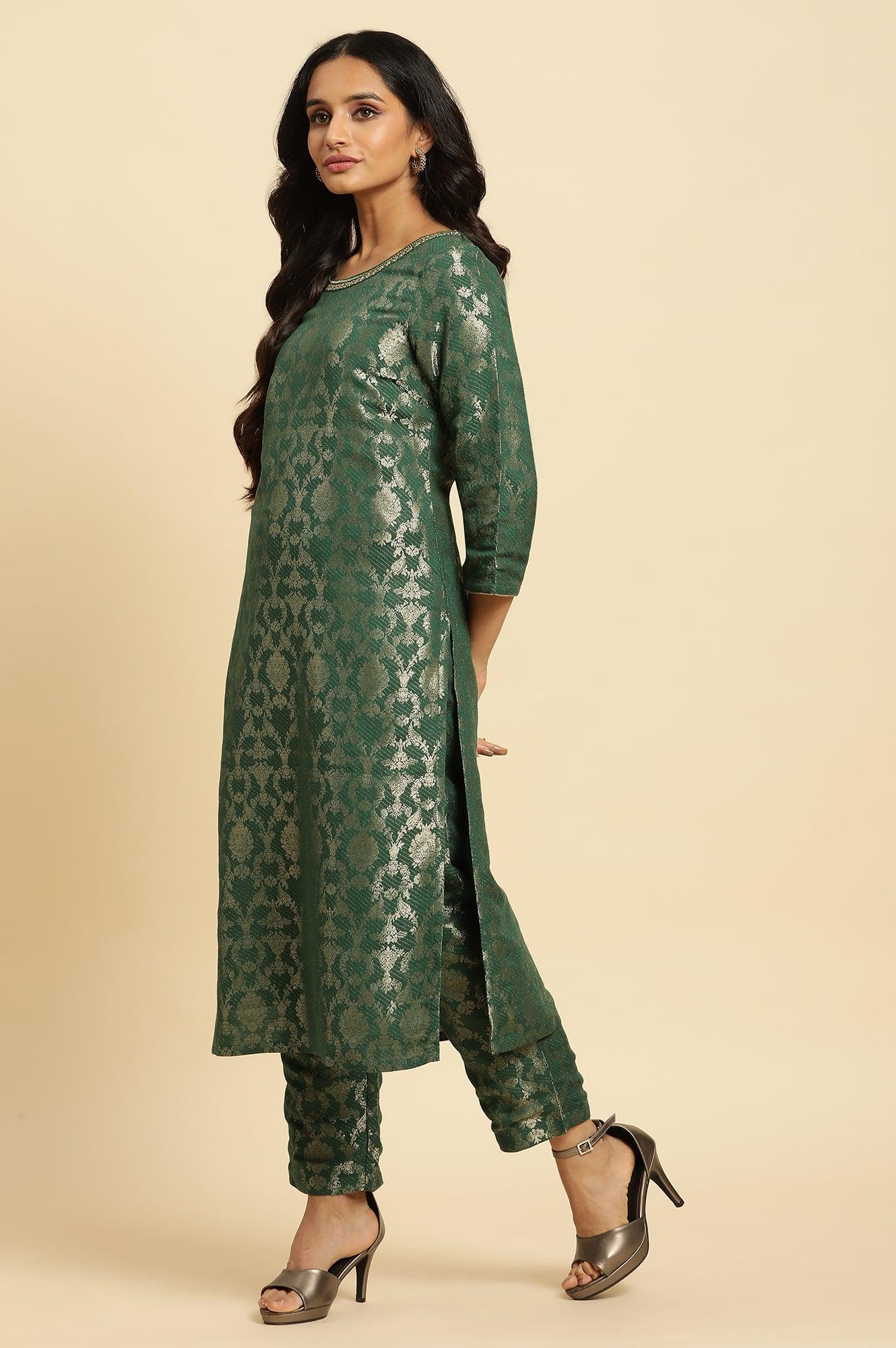Green Rayon Jacquard Festive Kurta - wforwoman