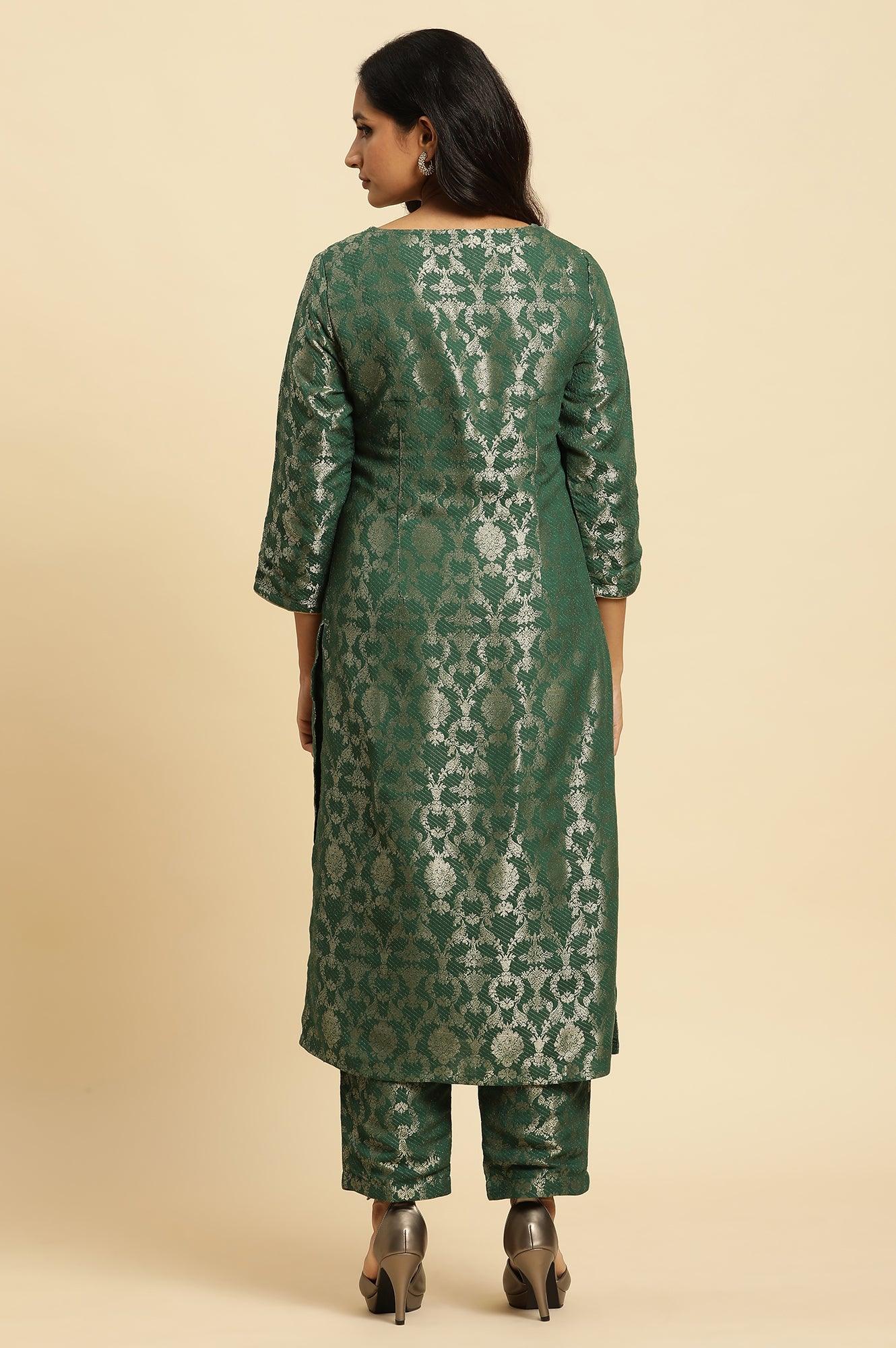 Green Rayon Jacquard Festive Kurta - wforwoman