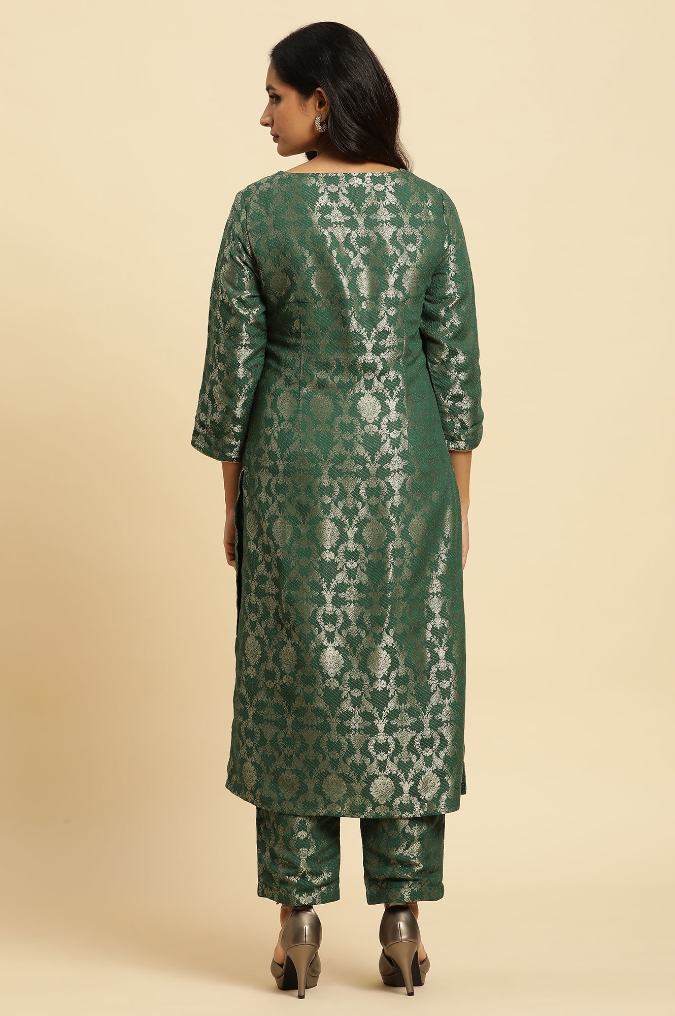 Green Floral Jacquard Metallic Embroidery Straight Rayon Kurta