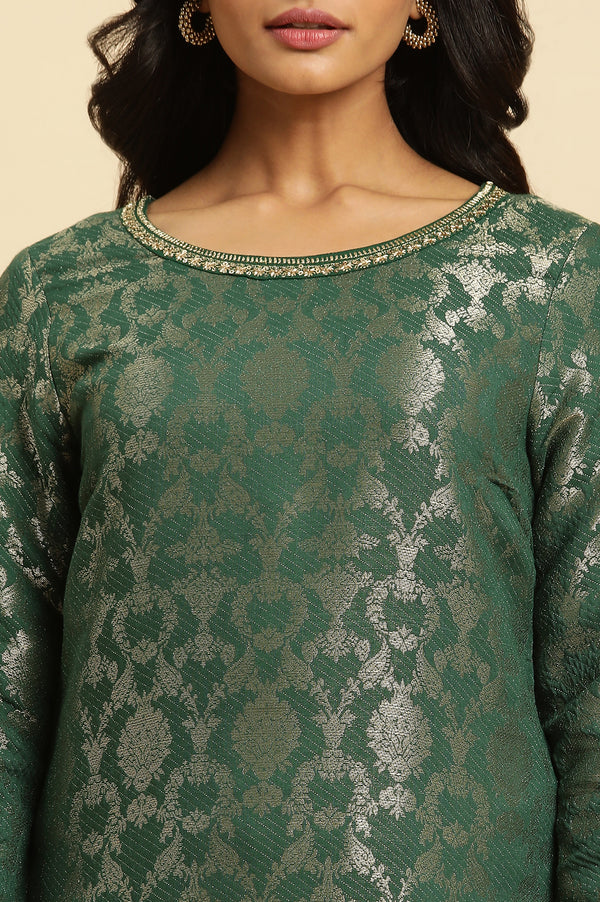 Green Floral Jacquard Metallic Embroidery Straight Rayon Kurta