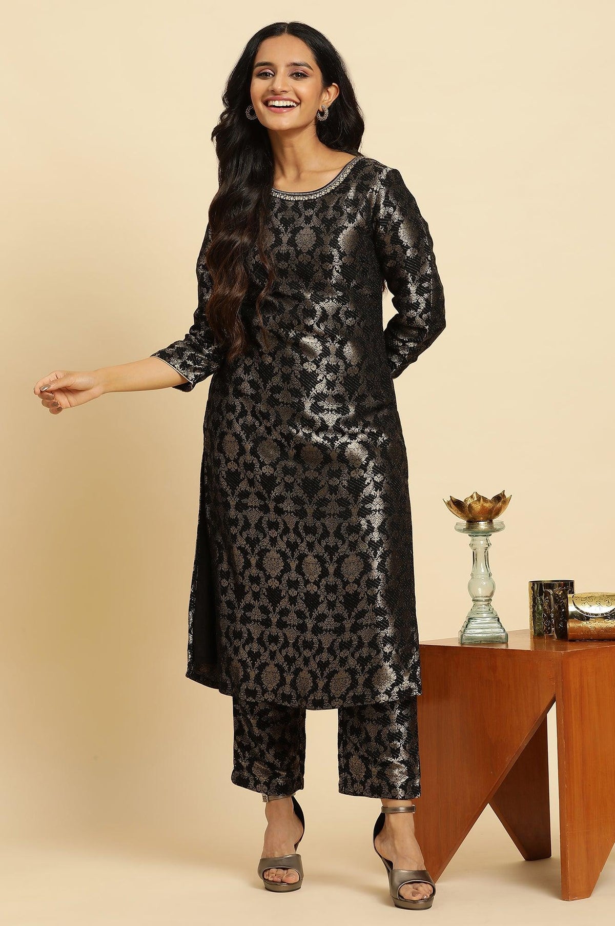 Black Rayon Jacquard Festive Kurta - XS