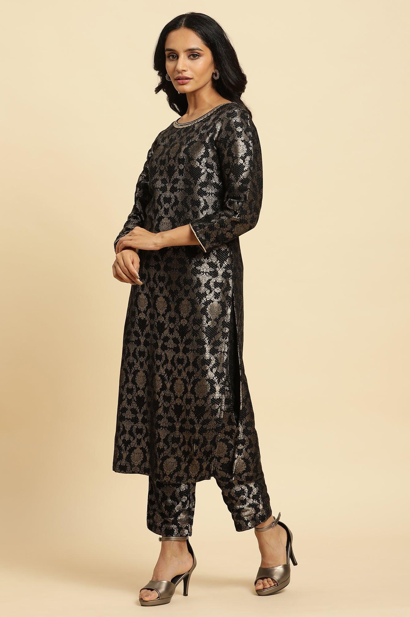 Black Rayon Jacquard Festive Kurta - wforwoman