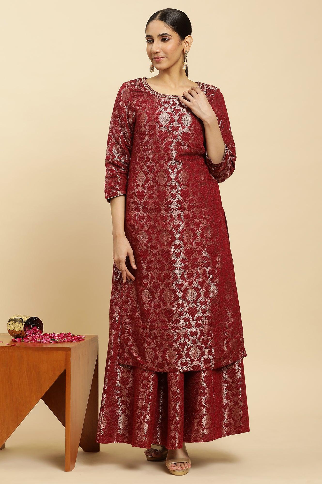 Maroon Rayon Jacquard Festive Kurta - wforwoman
