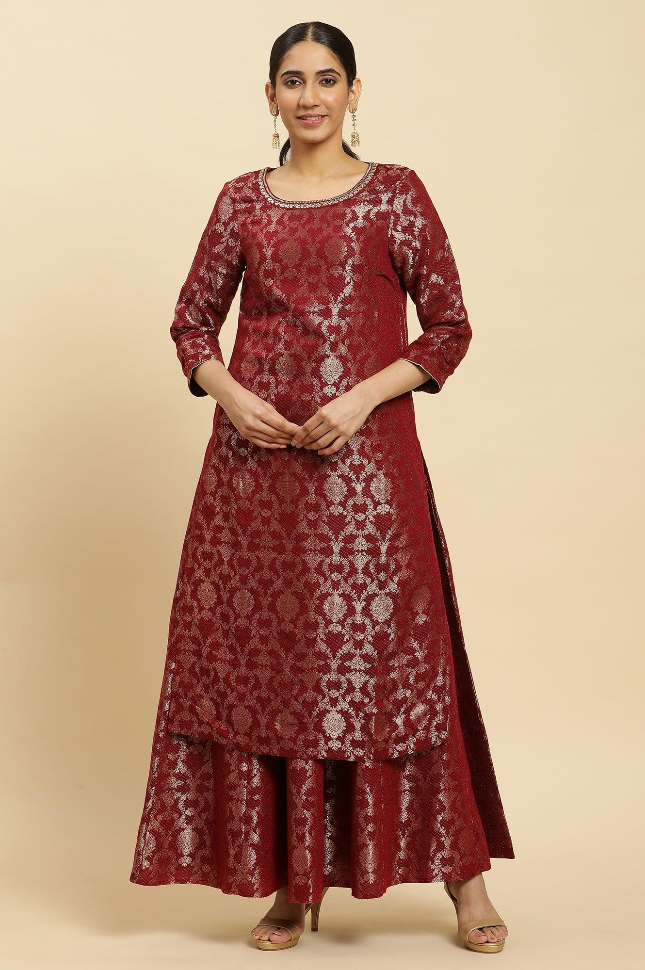 Maroon Rayon Jacquard Festive Kurta - wforwoman