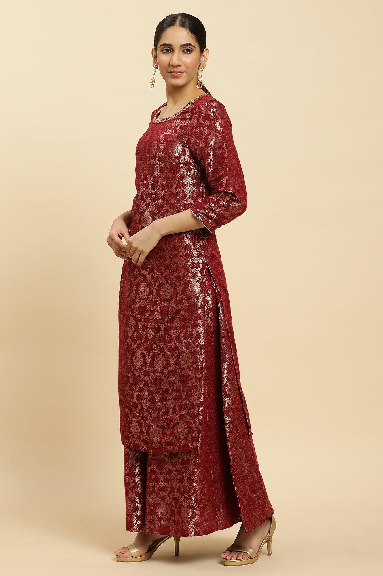 Maroon Rayon Jacquard Festive Kurta - wforwoman