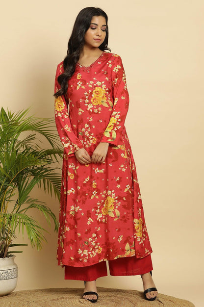 Red Floral Printed Flared Kurta - wforwoman