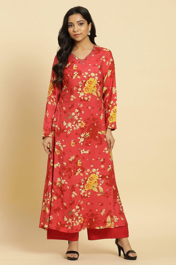 Red Floral Printed Flared Kurta