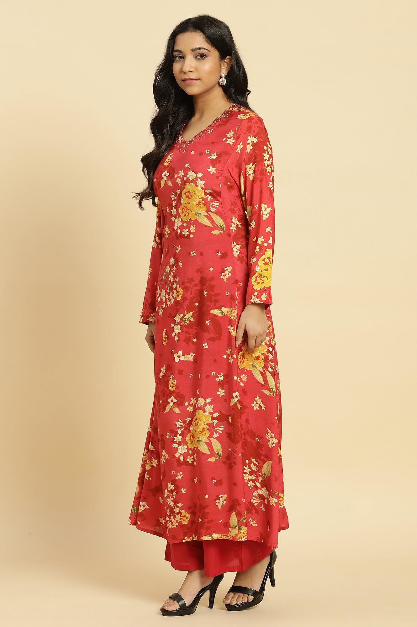 Red Floral Printed Flared Kurta - wforwoman