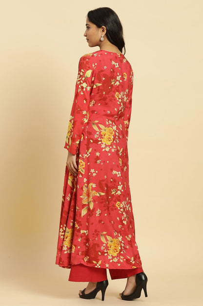 Red Floral Printed Flared Kurta - wforwoman
