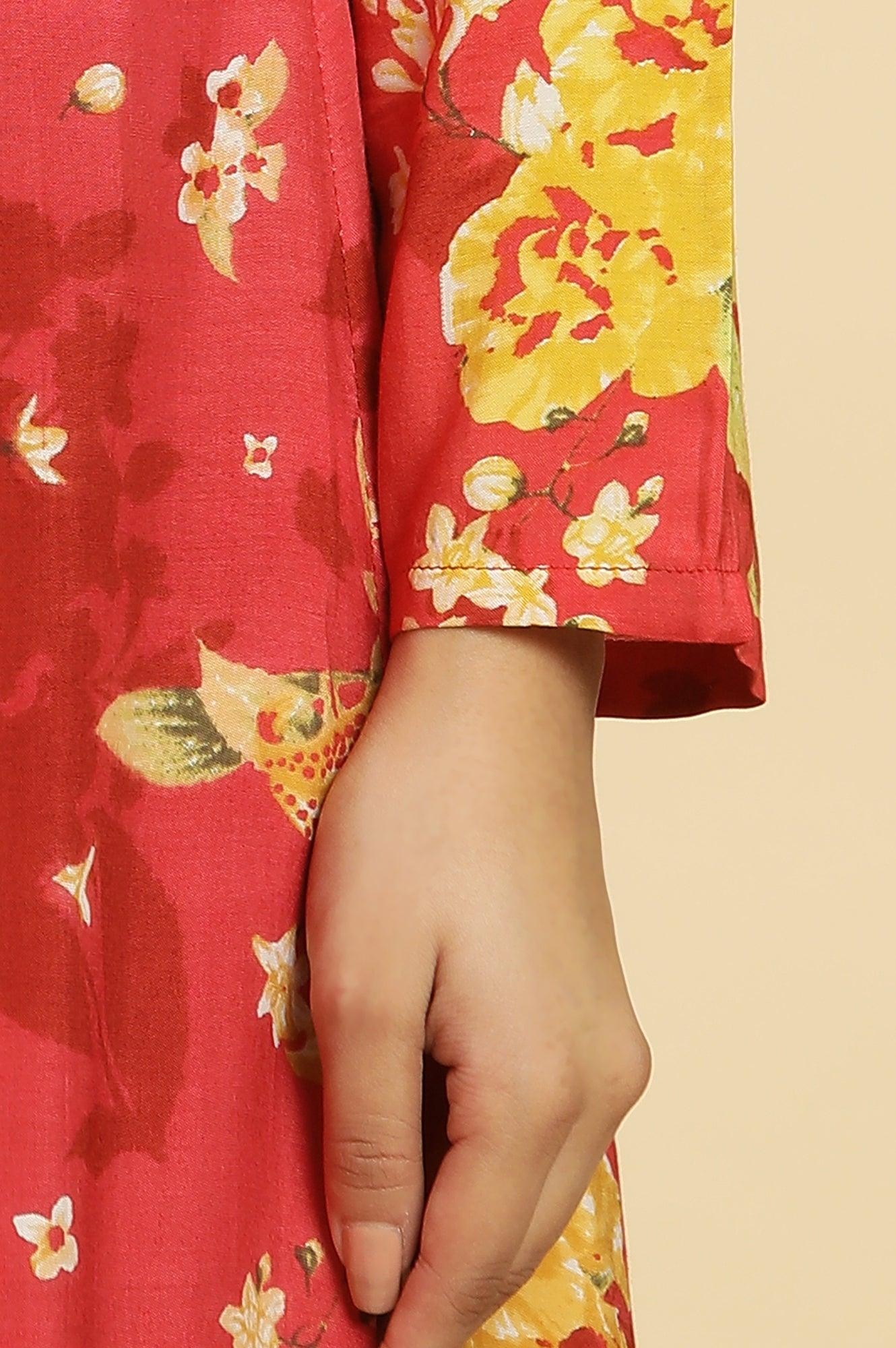 Red Floral Printed Flared Kurta - wforwoman