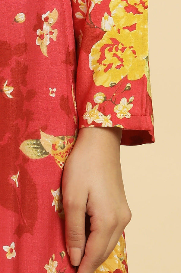 Red Floral Printed Flared Kurta