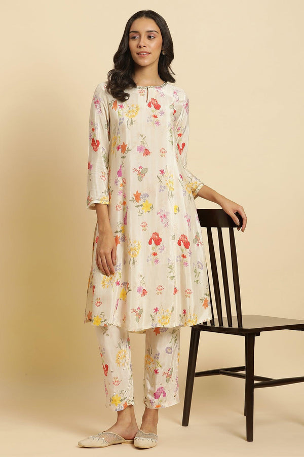 Cream Shantung A-Line Kurta In Multi-Coloured Floral Print