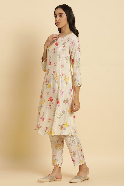 Cream Shantung A-Line Kurta In Multi-Coloured Floral Print - wforwoman
