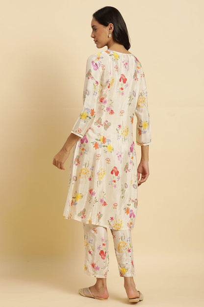 Cream Shantung A-Line Kurta In Multi-Coloured Floral Print - wforwoman