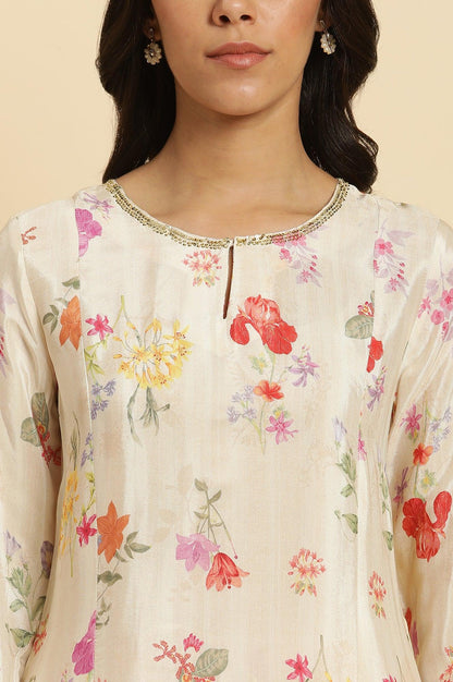 Cream Shantung A-Line Kurta In Multi-Coloured Floral Print - wforwoman