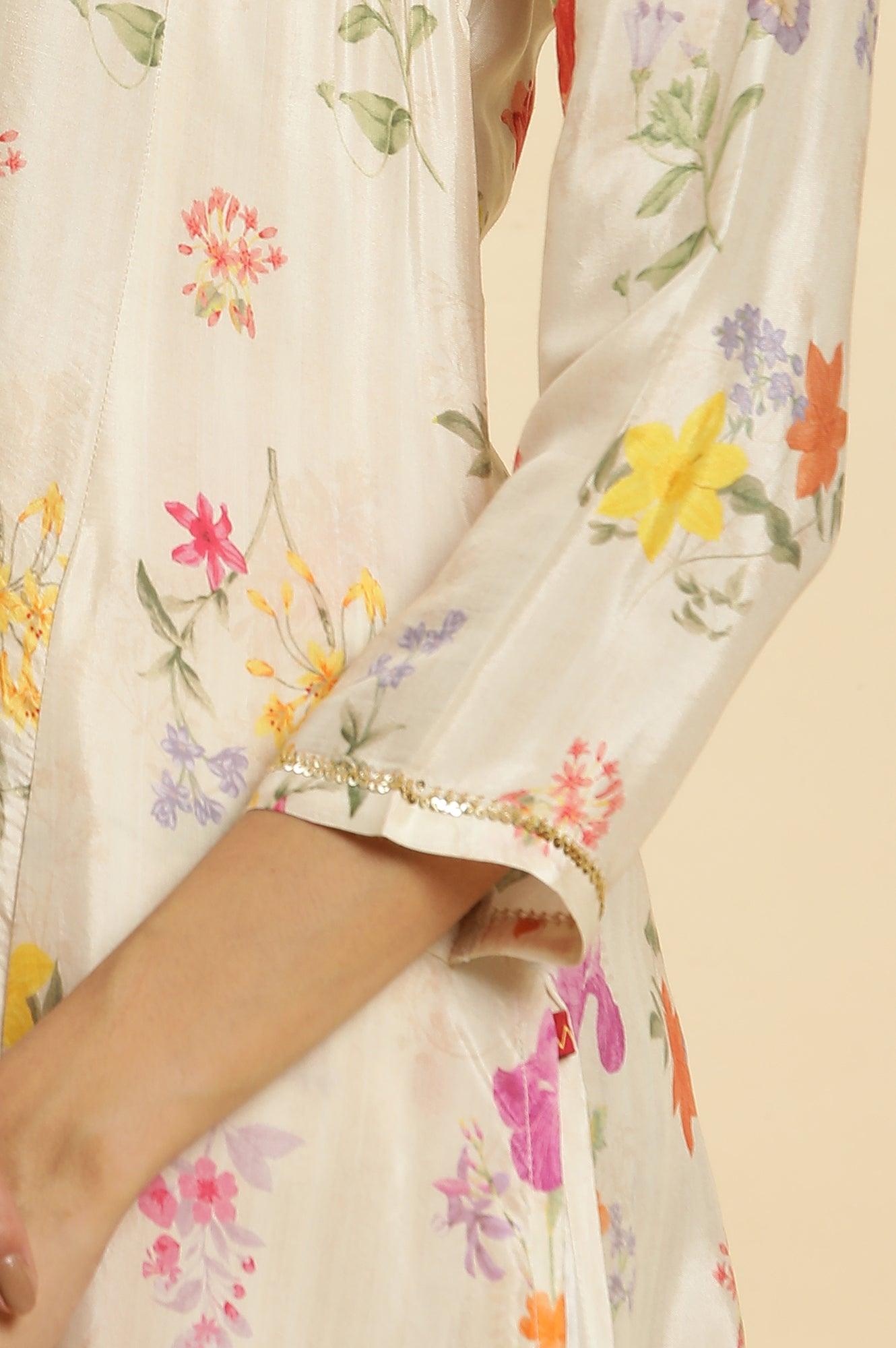 Cream Shantung A-Line Kurta In Multi-Coloured Floral Print - wforwoman