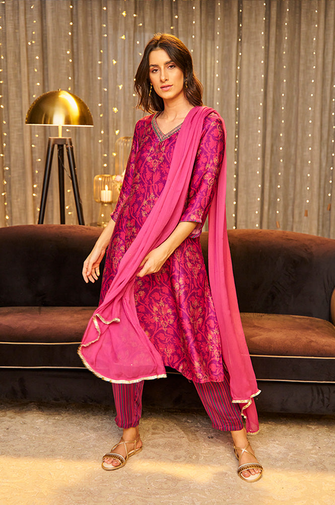 Purple Floral Printed Japanese Satin Straight Kurta - XS