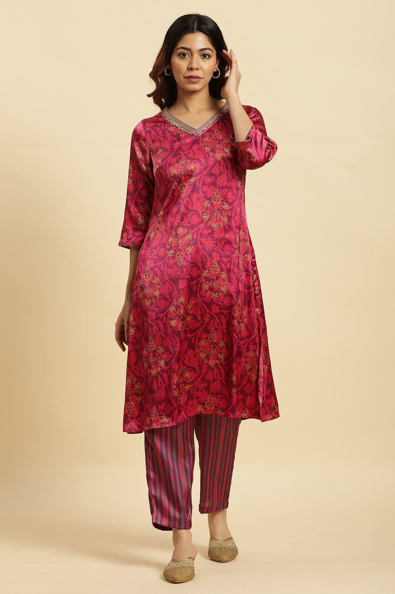 Purple Floral Printed Kurta In Japanese Satin - wforwoman