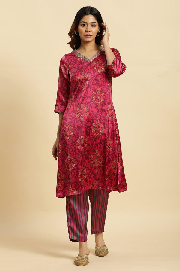 Purple Floral Printed Japanese Satin Straight Kurta