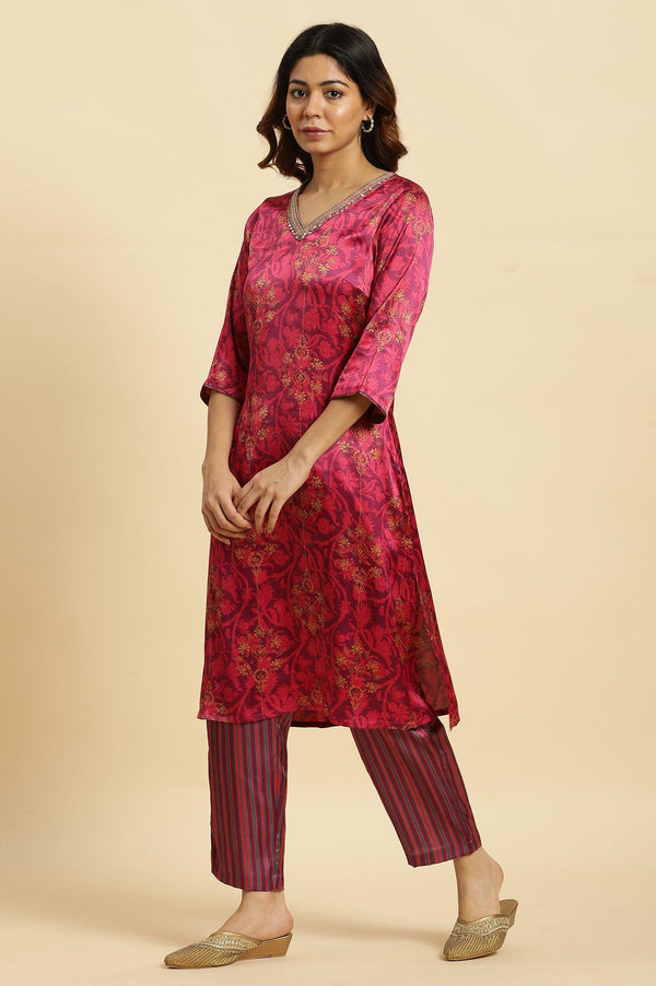 Purple Floral Printed Japanese Satin Straight Kurta