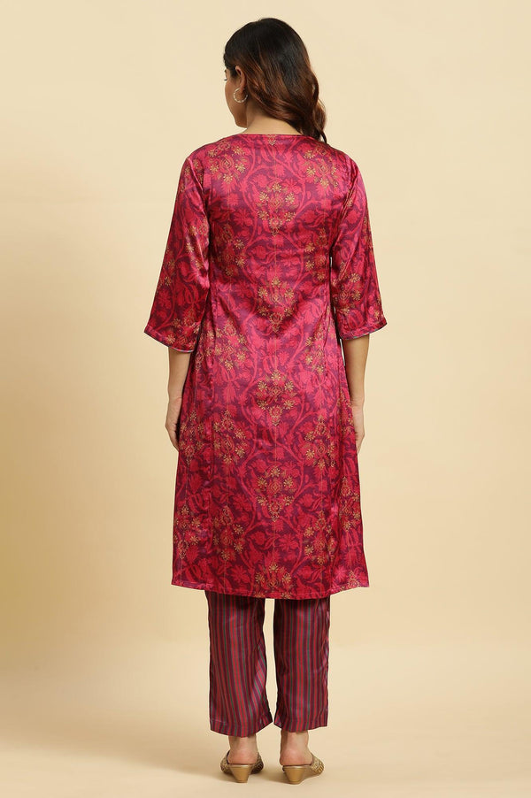 Purple Floral Printed Japanese Satin Straight Kurta