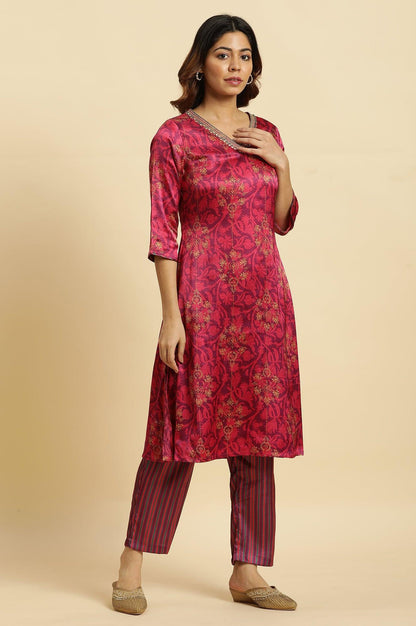 Purple Floral Printed Kurta In Japanese Satin - wforwoman