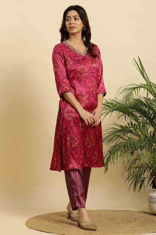Purple Floral Printed Japanese Satin Straight Kurta
