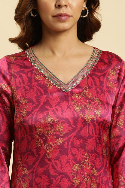 Purple Floral Printed Kurta In Japanese Satin - wforwoman