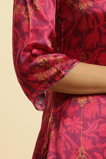 Purple Floral Printed Kurta In Japanese Satin - wforwoman